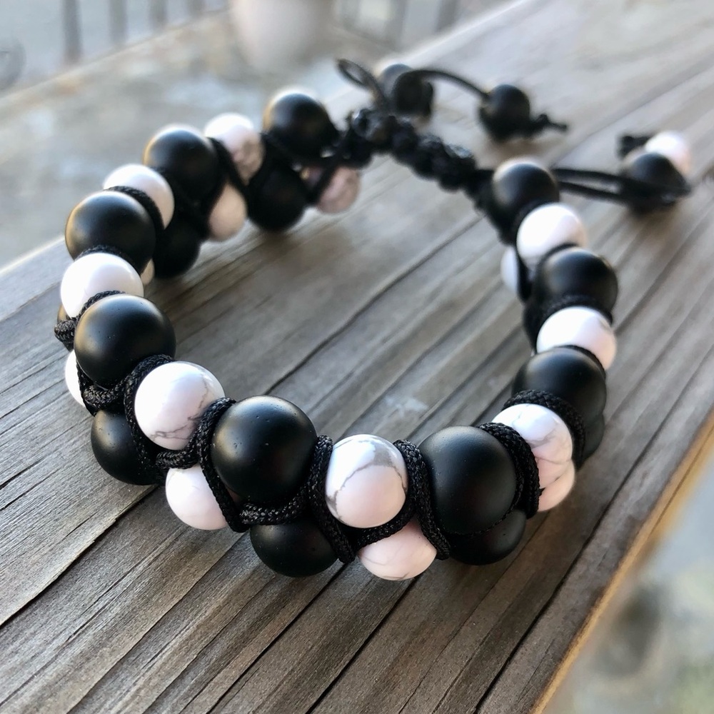 Men’s Double Layer Black Onyx Howlite Adjustable Bracelet - Macrame Knotted
